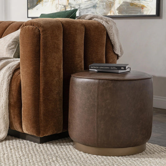 Clair Leather Round End Table by Classic Home in brown, brass. Made from top grain leather in a traditional style.