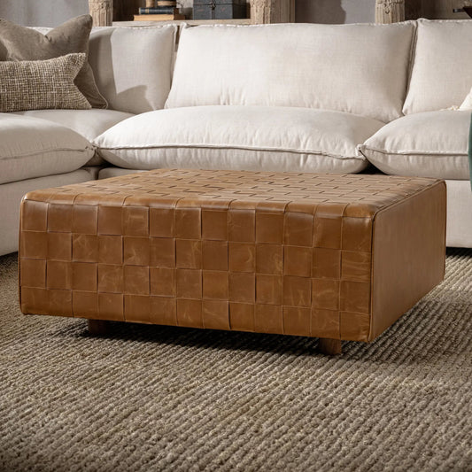 Aristo Leather Square Cocktail Ottoman by Classic Home in autum maple. Made from leather, mango wood, plywood in a rustic style.