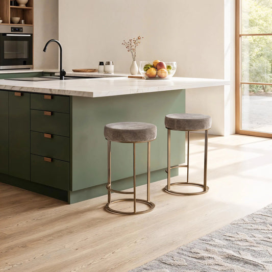 Quinn Upholstered Fabric Counter Stool by Kosas Home in desert. Made from 100% cotton velvet, iron in a unique style.