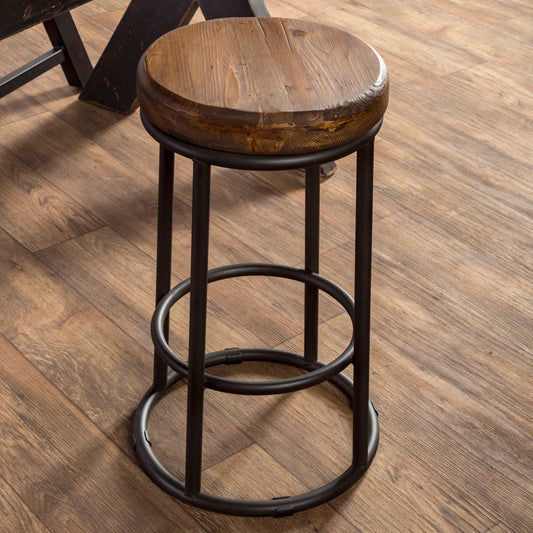 Kendall Counter Stool by Kosas Home in mahogany. Made from solid reclaimed pine wood, iron base in a modern style.