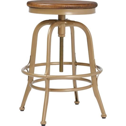 Peralta Counter Stool by Classic Home in brass. Made from reclaimed pine, wrought iron in a modern style.