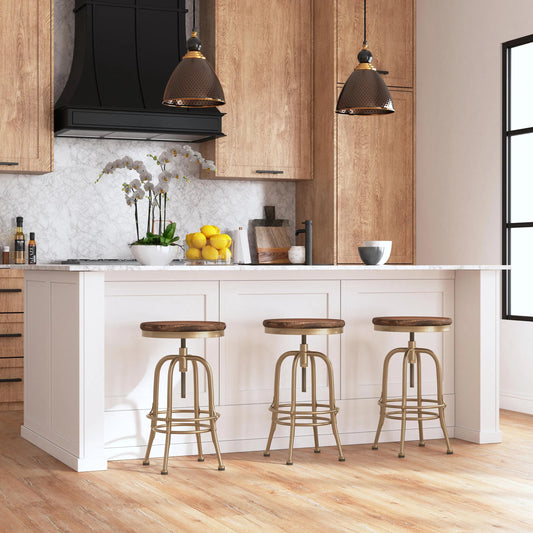 Peralta Counter Stool by Classic Home in brass. Made from reclaimed pine, wrought iron in a modern style.