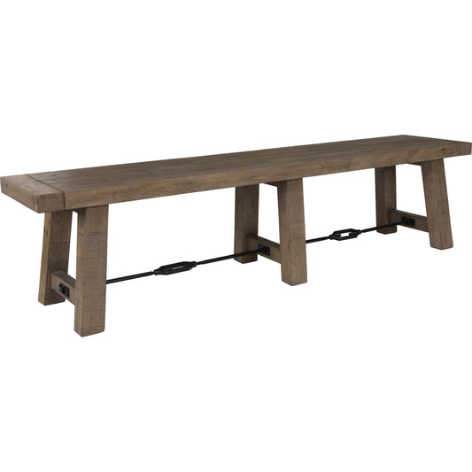Tuscany Bench by Kosas Home in desert gray. Made from reclaimed pine wood in a rustic style.