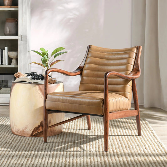 Kenneth Club Chair by Classic Home in tan upholstery, natural wood finish. Made from top grain leather, ash wood in a transitional style.
