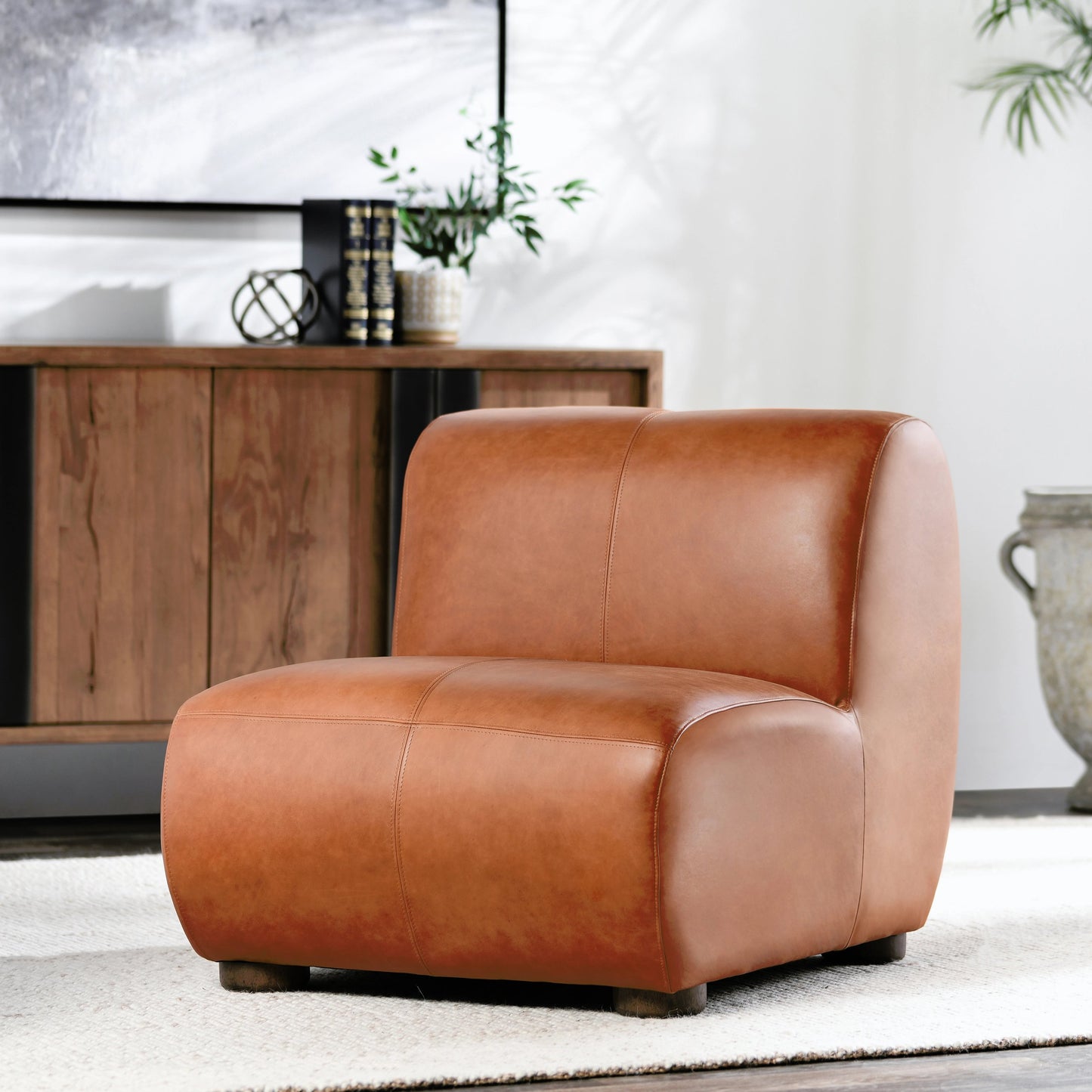 011 SI-2162625 | Closeup | Arcadia Leather Accent Chair by Classic Home in autumn brown. Made from top grain leather, ash wood in a transitional style.