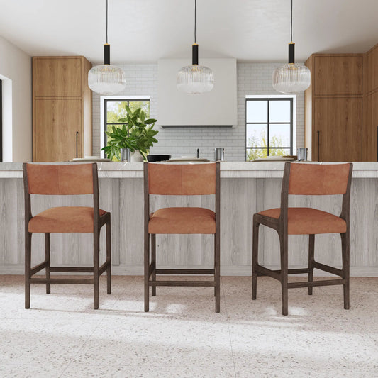 Wayne Counter Stool by Classic Home in brown. Made from top grain leather, ash wood in a traditional style.