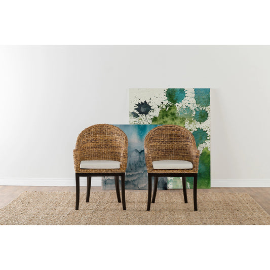 Owen Side Chair by Kosas Home. Made from rattan abaca top, 100% polyester cushion, mahogany legs in a coastal style.