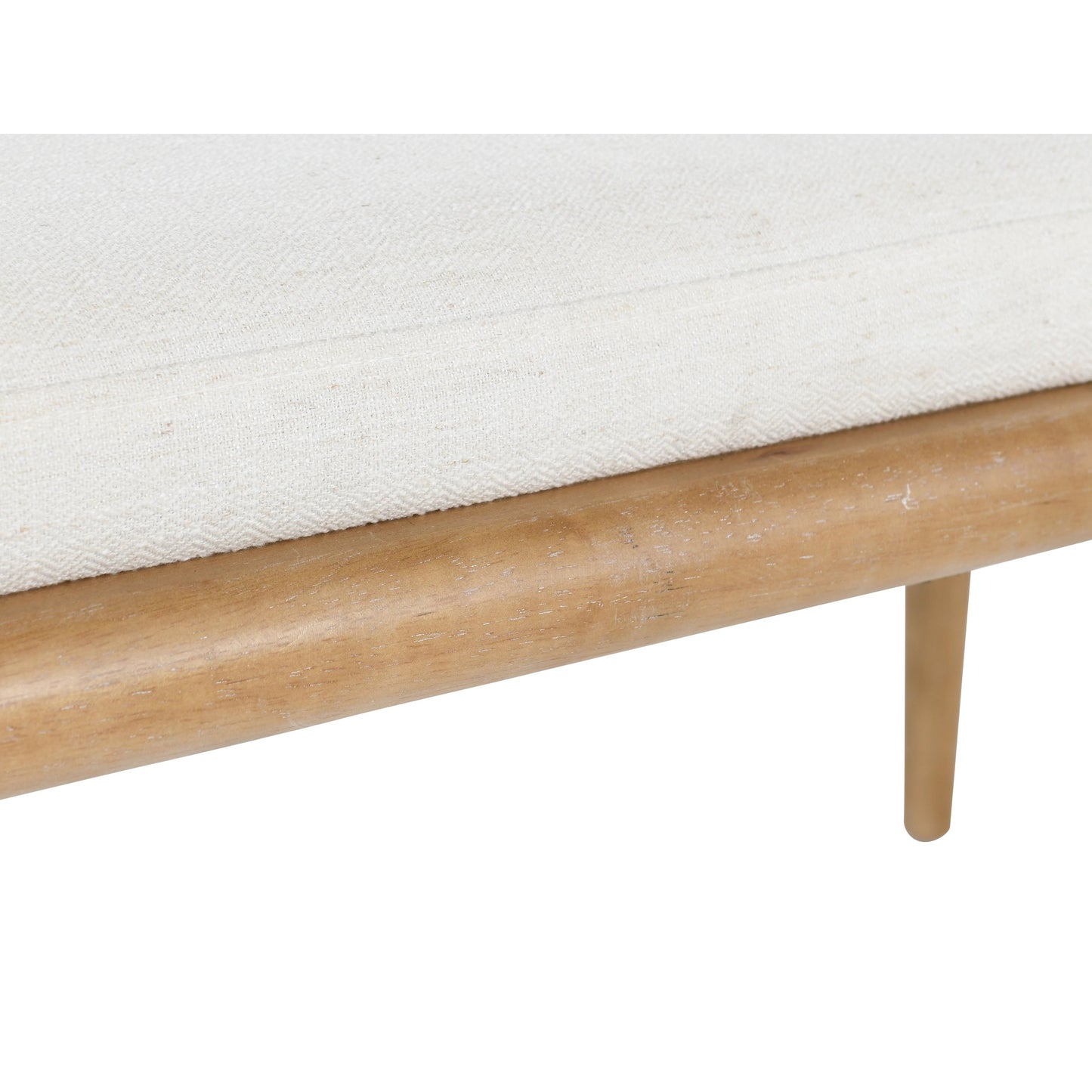 006 SI-2007516 | Closeup | Echo Bench Beige by Kosas Home in beige, natural brown. Made from 100% polyester fabric, rubberwood in a modern style.