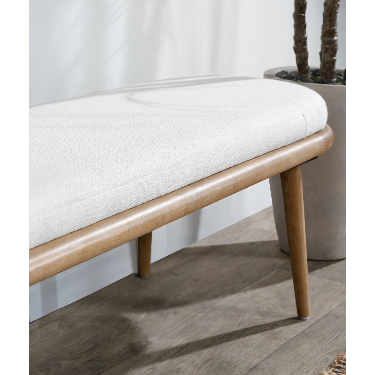 010 SI-2007516 | Closeup | Echo Bench Beige by Kosas Home in beige, natural brown. Made from 100% polyester fabric, rubberwood in a modern style.