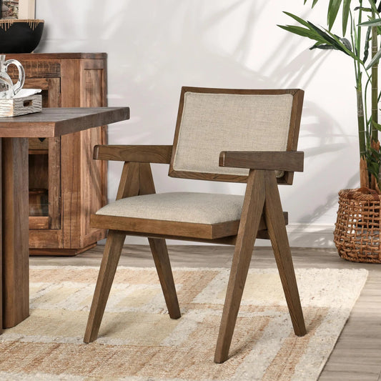Dolton Dining Arm Chair by Classic Home in beige, natural. Made from 88% polyester, 12% linen, ash wood in a transitional style.