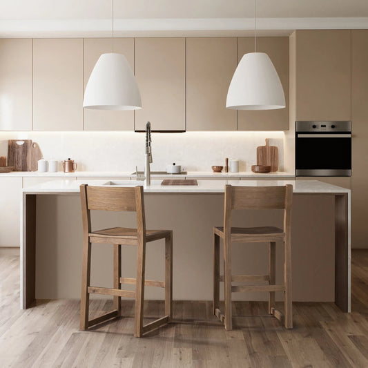 Fenmore Counter Stool by Kosas Home in honey brown. Made from pine wood in a unique style.