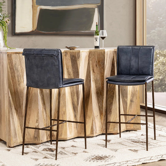 Mayer Leather Bar Stool by Classic Home in ocean blue. Made from top grain leather, hammered iron in a transitional style.