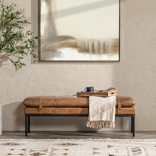Eliah Top Grain Leather Accent Bench by Classic Home in tan. Made from top grain leather, iron in a unique style.