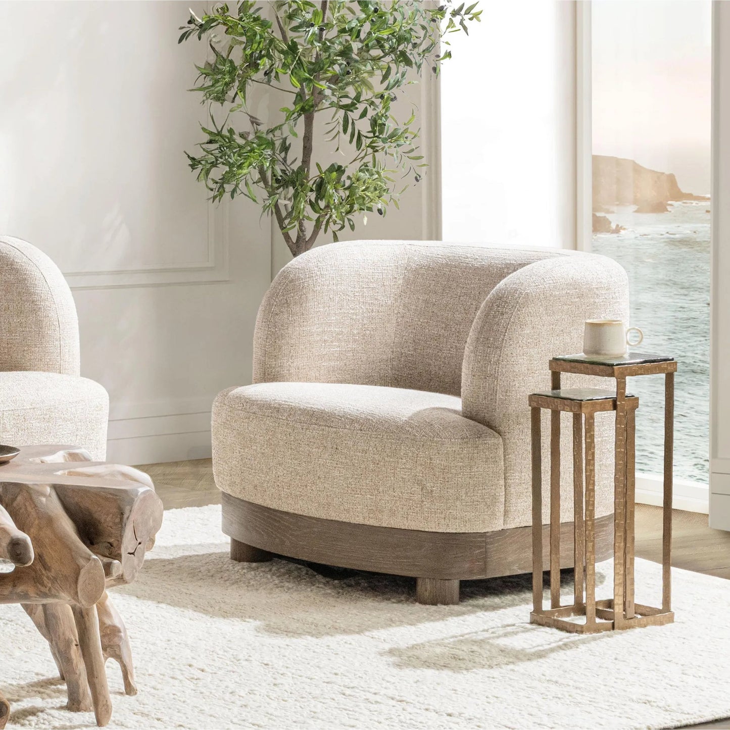 008 SI-2533232 | Lifestyle | Meera Upholstered Fabric Accent Chair by Classic Home in latte. Made from 100% polyester, oak wood in a unique style.