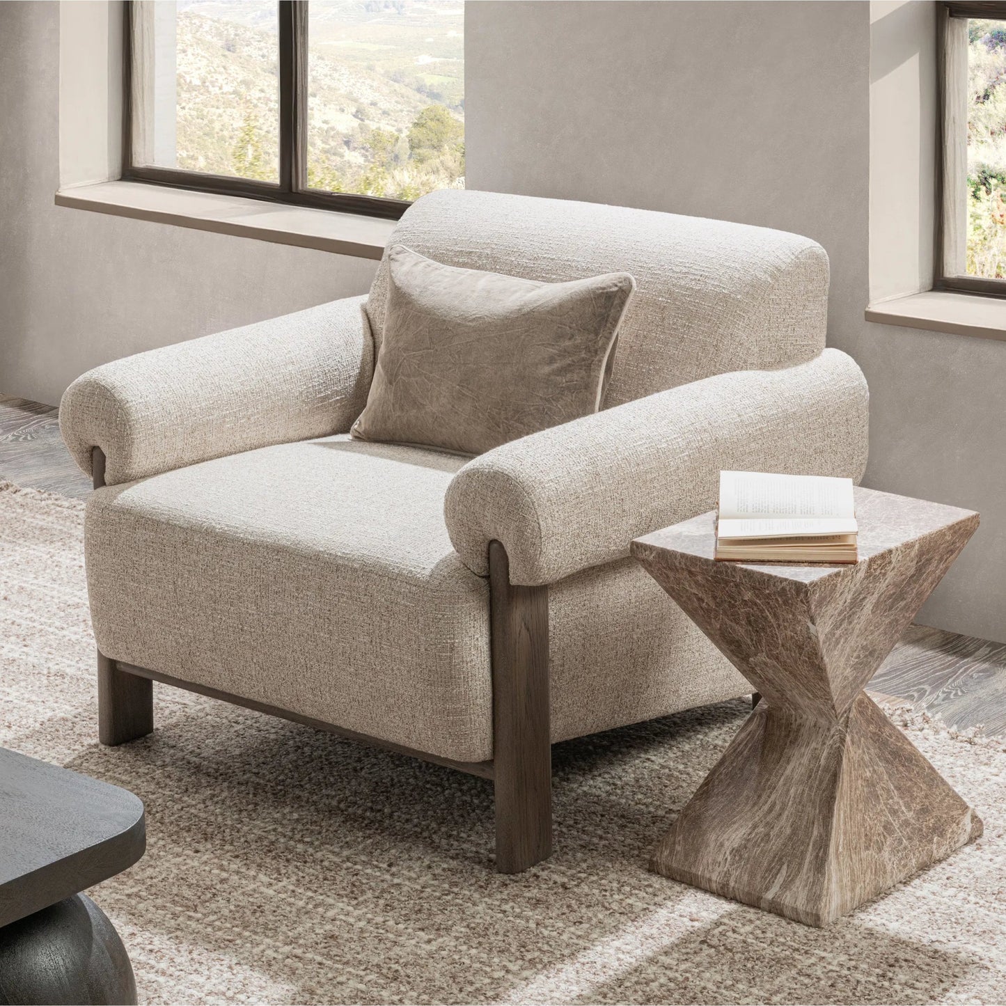 007 SI-2533236 | Lifestyle | Malia Upholstered Fabric Accent Chair by Classic Home in latte. Made from 100% polyester, oak veneer in a unique style.