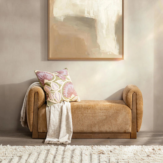Soraya Upholstered Accent Bench by Classic Home in spiced amber. Made from 100% polyester, parawood in a unique style.