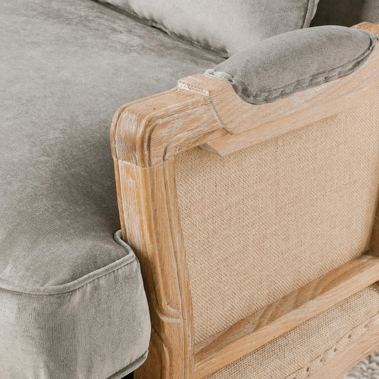 010 SR-897661 | Closeup | Brittani Club Chair by Classic Home in gray upholstery, natural distressed frame. Made from upholstery: 95% polyester 3% nylon 2% silk, 100% jute, oak wood legs in a cottage & farmhouse style.