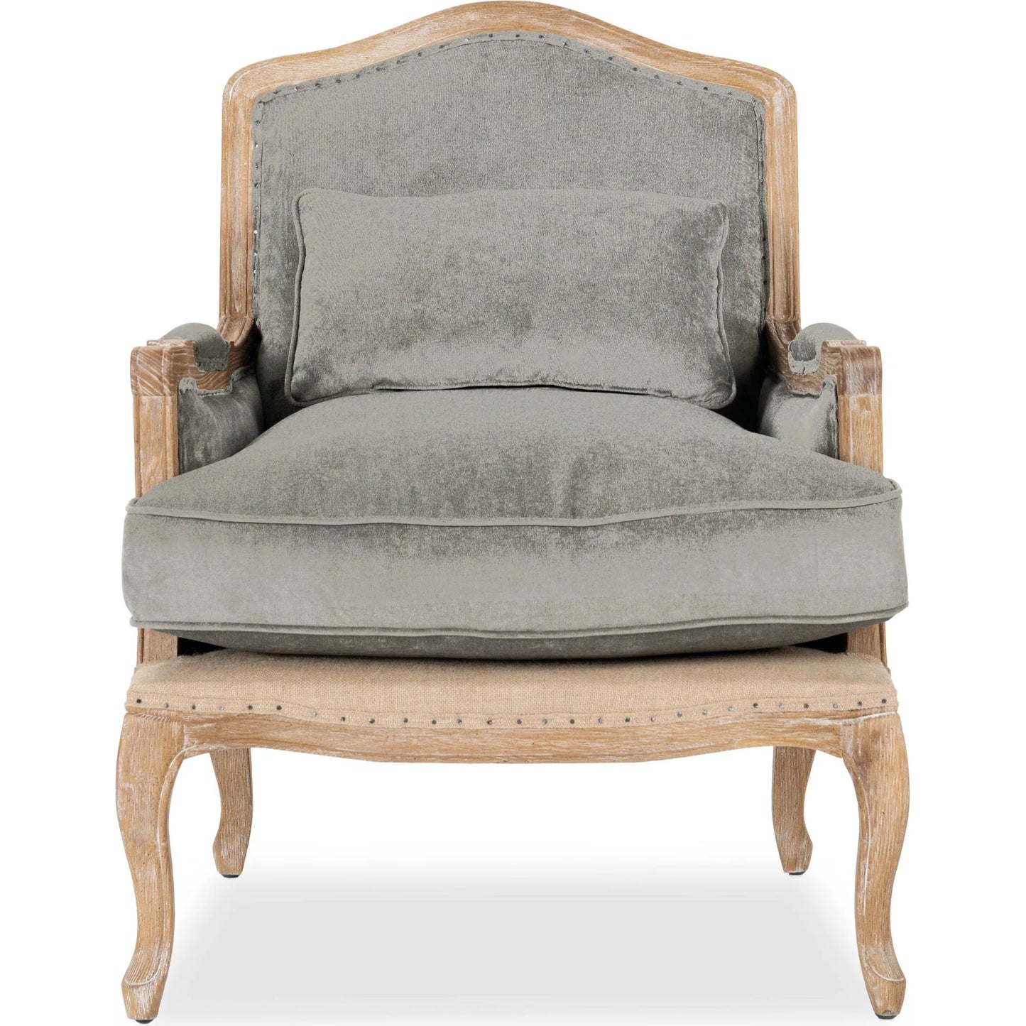 004 SR-897661 | Additional Silo | Brittani Club Chair by Classic Home in gray upholstery, natural distressed frame. Made from upholstery: 95% polyester 3% nylon 2% silk, 100% jute, oak wood legs in a cottage & farmhouse style.