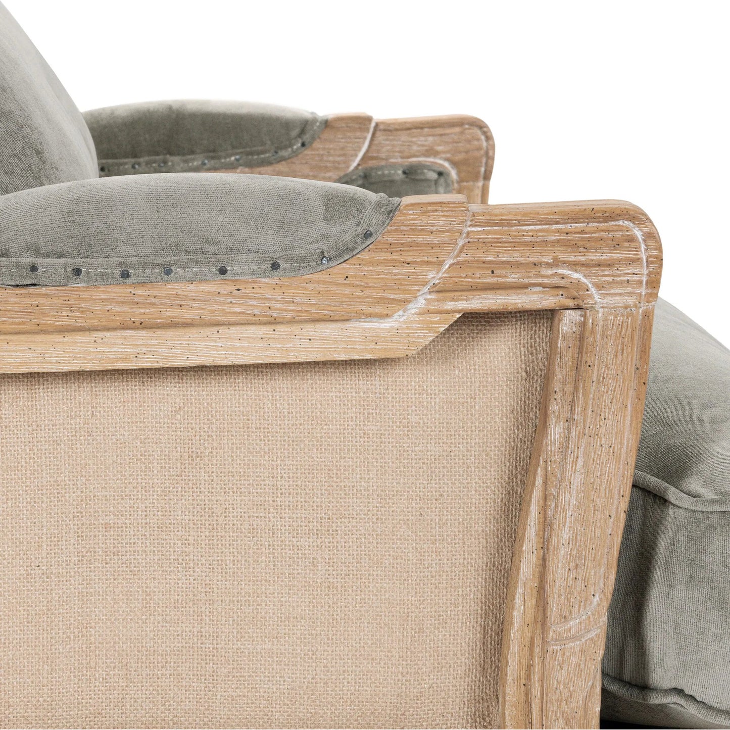 009 SR-897661 | Closeup | Brittani Club Chair by Classic Home in gray upholstery, natural distressed frame. Made from upholstery: 95% polyester 3% nylon 2% silk, 100% jute, oak wood legs in a cottage & farmhouse style.