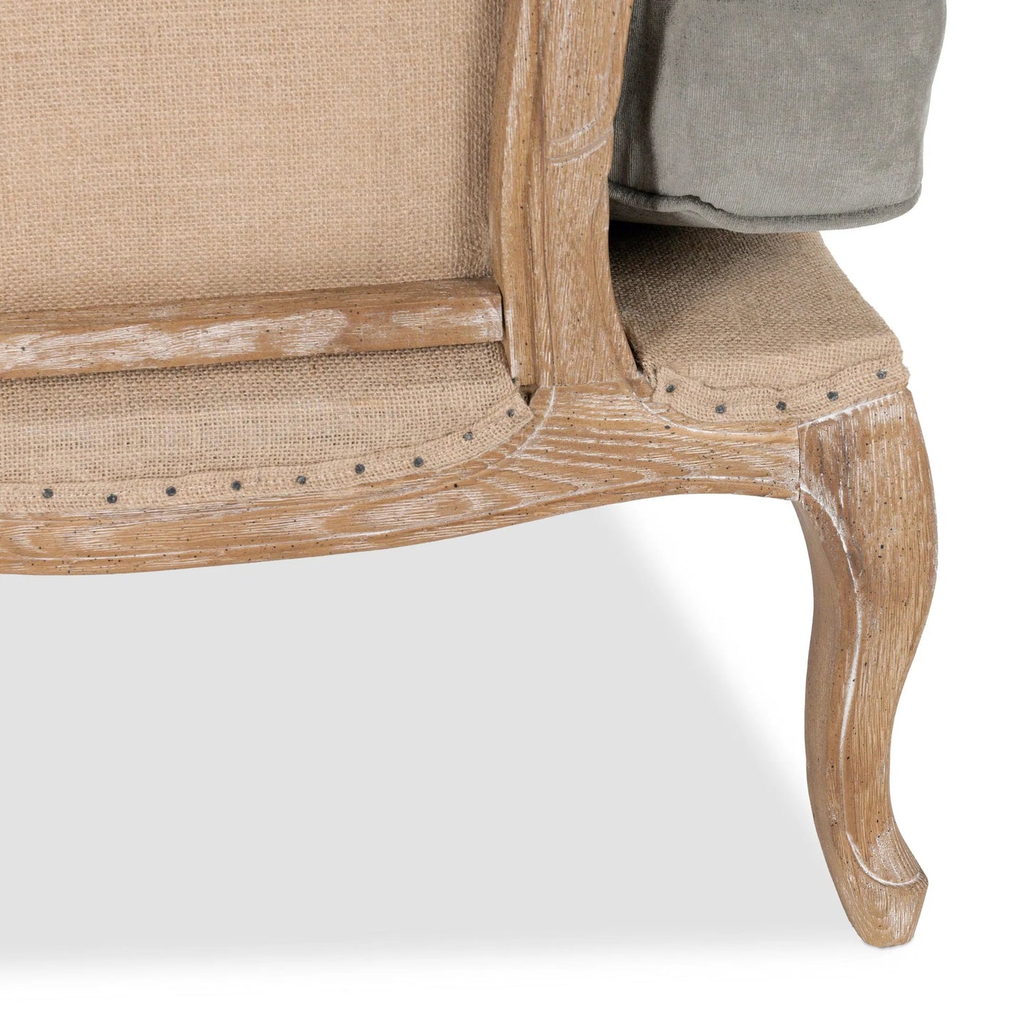 008 SR-897661 | Closeup | Brittani Club Chair by Classic Home in gray upholstery, natural distressed frame. Made from upholstery: 95% polyester 3% nylon 2% silk, 100% jute, oak wood legs in a cottage & farmhouse style.