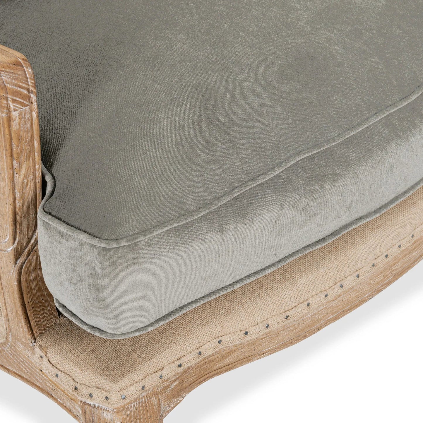 006 SR-897661 | Closeup | Brittani Club Chair by Classic Home in gray upholstery, natural distressed frame. Made from upholstery: 95% polyester 3% nylon 2% silk, 100% jute, oak wood legs in a cottage & farmhouse style.