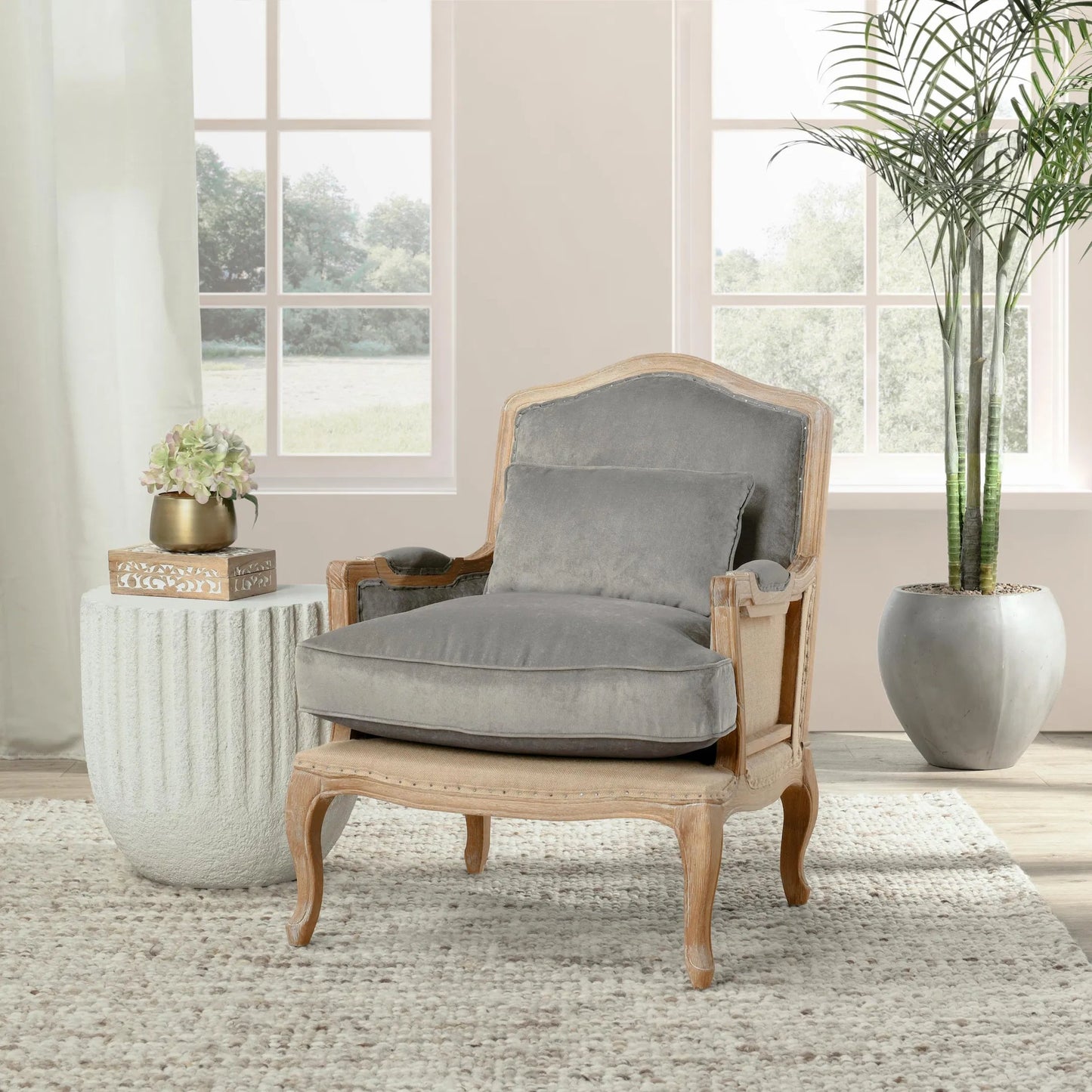011 SR-897661 | Lifestyle | Brittani Club Chair by Classic Home in gray upholstery, natural distressed frame. Made from upholstery: 95% polyester 3% nylon 2% silk, 100% jute, oak wood legs in a cottage & farmhouse style.