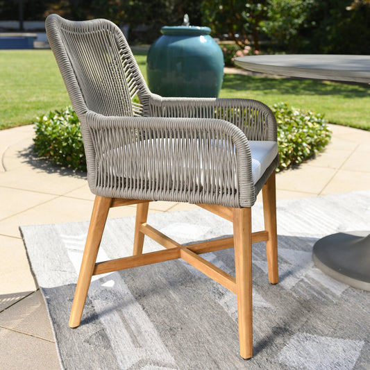 Marley Outdoor Dining Chair by Classic Home in ash gray, brown. Made from teak wood, mango wood, 100% olefin in a cottage & farmhouse style.