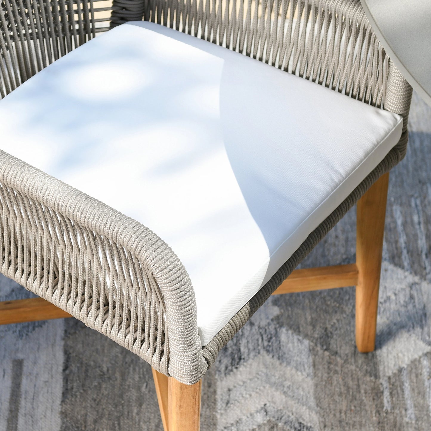 008 SI-2078798 | Closeup | Marley Outdoor Dining Chair by Classic Home in ash gray, brown. Made from teak wood, mango wood, 100% olefin in a cottage & farmhouse style.