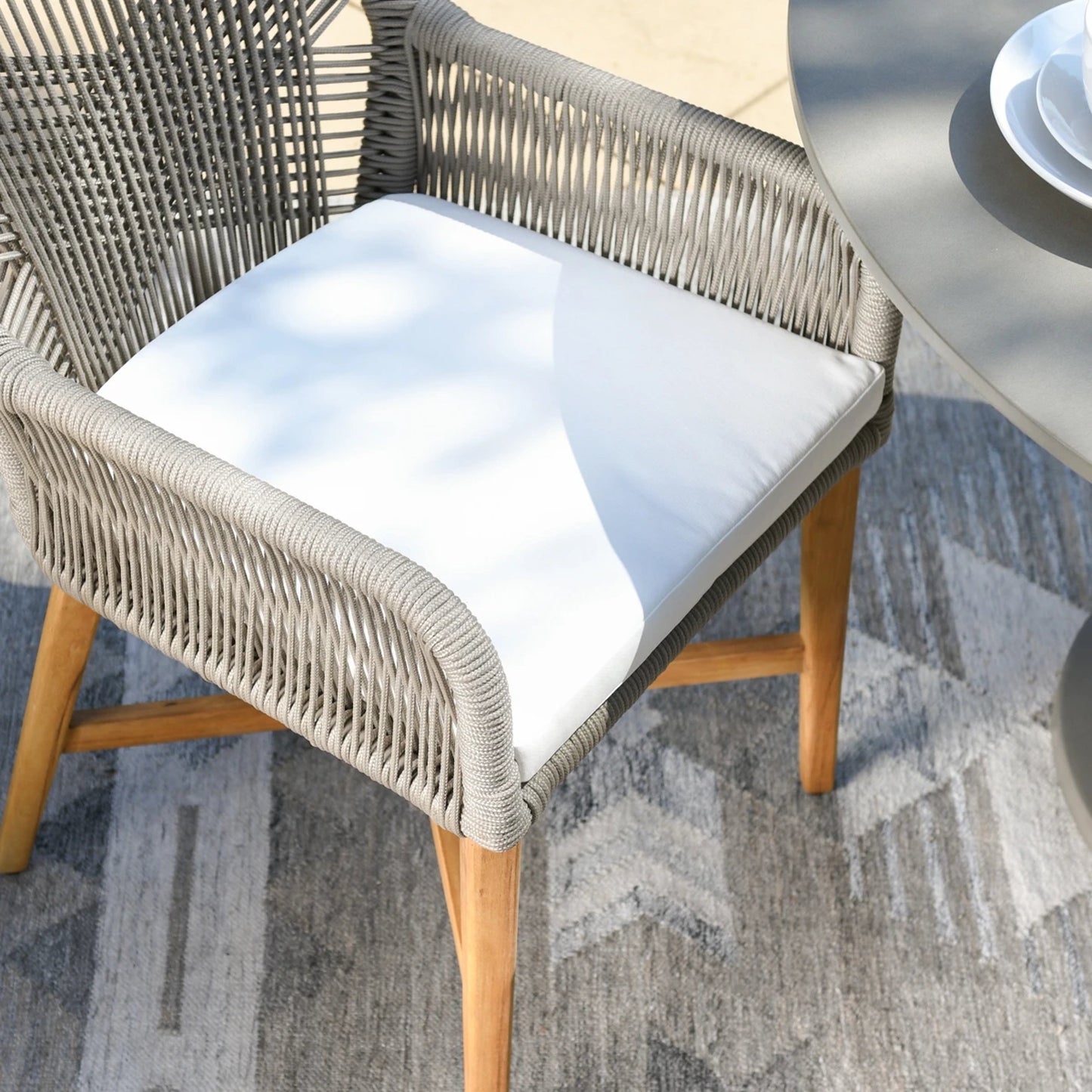 009 SI-2078798 | Closeup | Marley Outdoor Dining Chair by Classic Home in ash gray, brown. Made from teak wood, mango wood, 100% olefin in a cottage & farmhouse style.