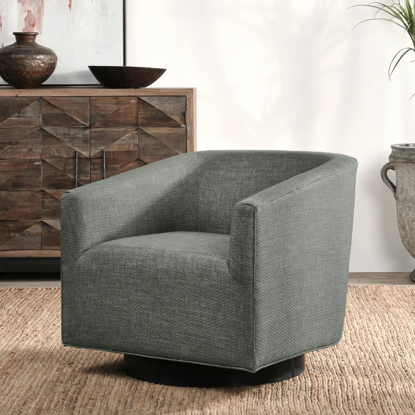 007 SI-2007521 | Closeup | Leonard Swivel Accent Chair by Kosas Home in taupe gray and walnut. Made from 100% polyester, ash wood in a modern style.