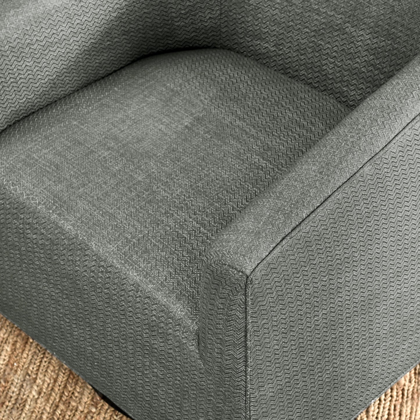 008 SI-2007521 | Closeup | Leonard Swivel Accent Chair by Kosas Home in taupe gray and walnut. Made from 100% polyester, ash wood in a modern style.