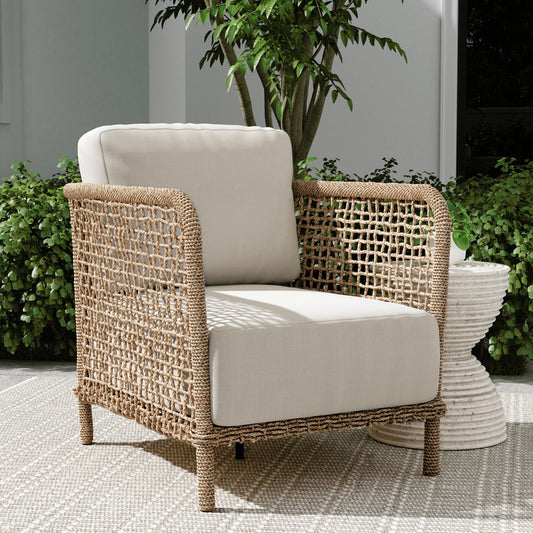 Brisbane Outdoor Accent Chair by Classic Home in natural brown, cream. Made from synthetic hyacinth rope, 100% olefin in a cottage & farmhouse style.
