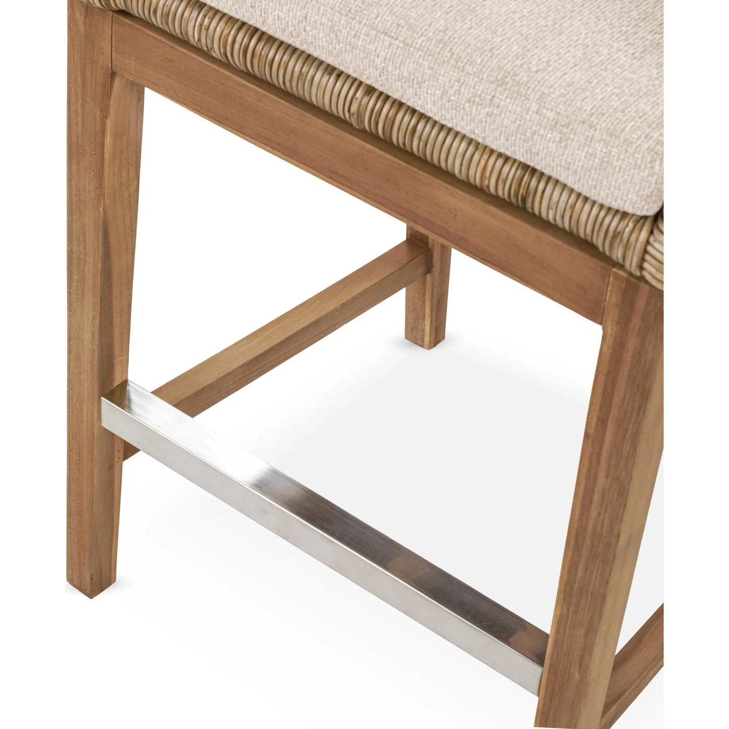 006 SI-2388513 | Closeup | Valerie Outdoor Teak Wood Counter Chair by Classic Home in tan. Made from synthetic weave, teak, 100% olefin in a rustic style.