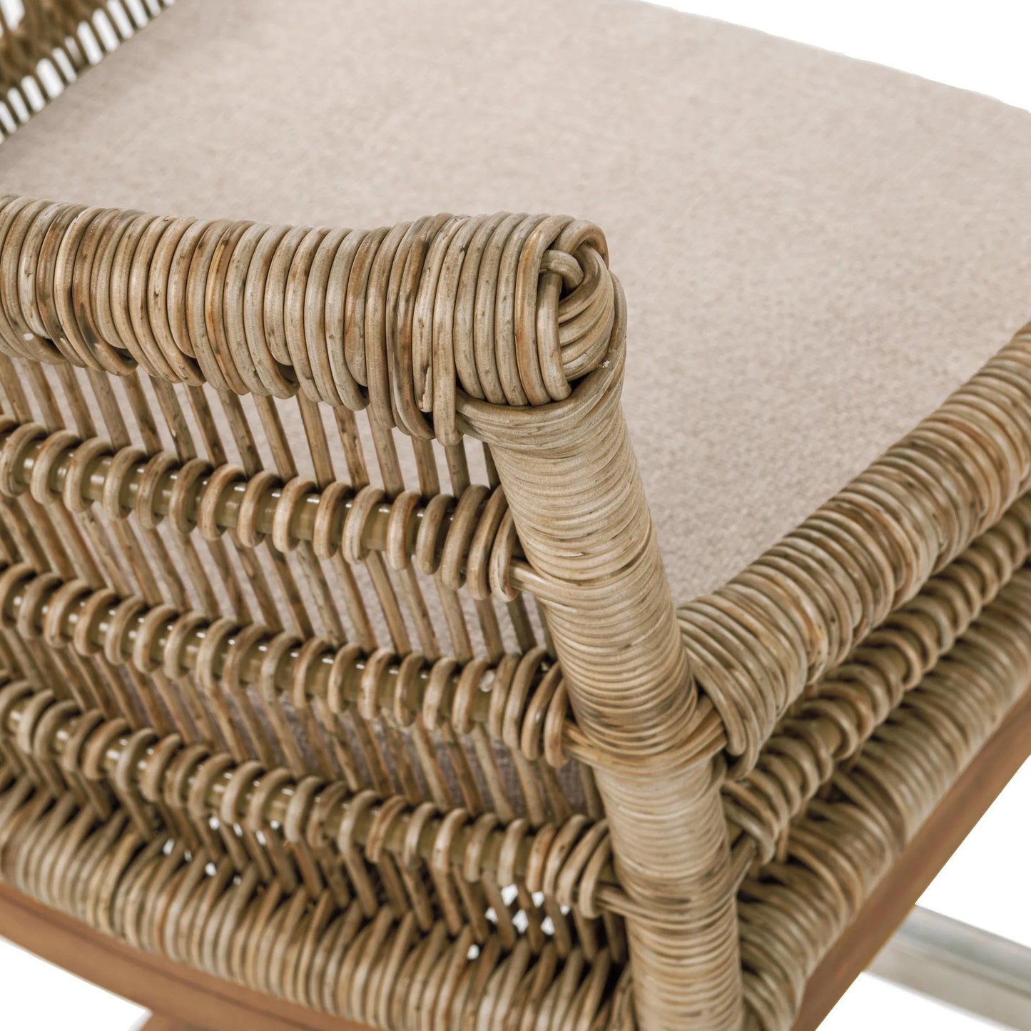 007 SI-2388513 | Closeup | Valerie Outdoor Teak Wood Counter Chair by Classic Home in tan. Made from synthetic weave, teak, 100% olefin in a rustic style.