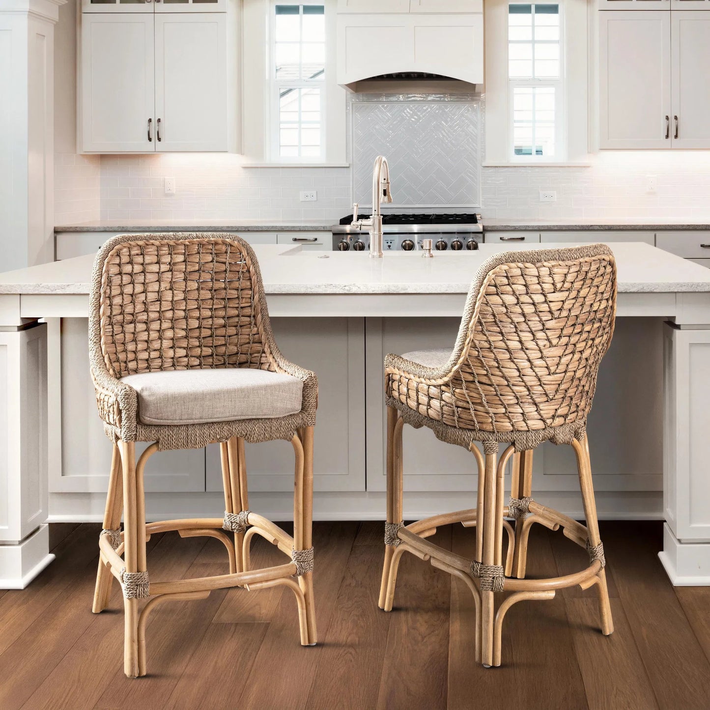 009 SI-2518863 | Lifestyle | Nuevo Stool by Kosas Home in natural, truffle. Made from waterhycinth, seagrass, 100% polyester in a rustic style.