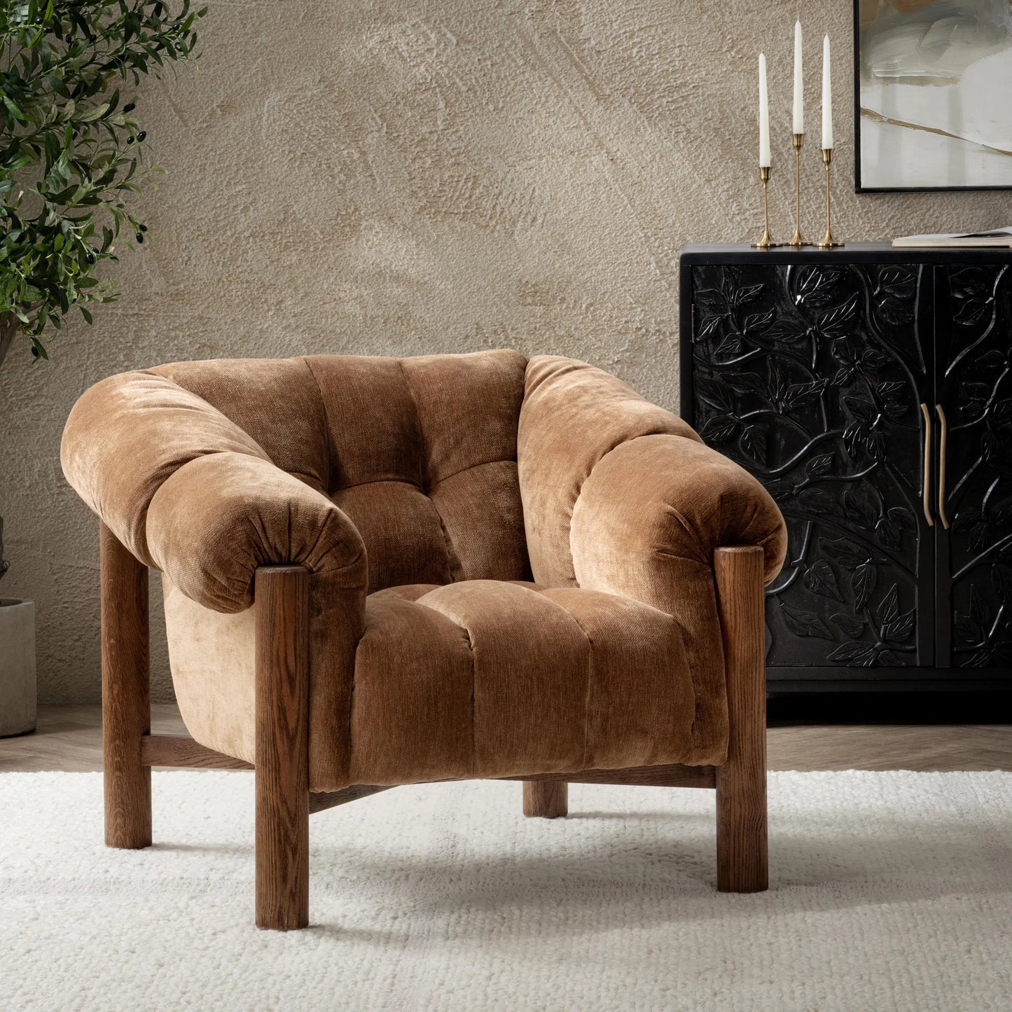 014 SI-2518870 | Lifestyle | Sansa Accent Chair by Classic Home. Made from 100% polyester, oak wood in a eclectic & global style.
