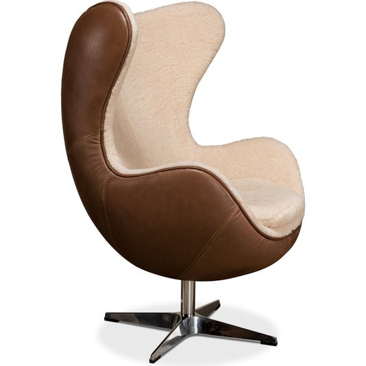 001 SR-857811 | Primary Silo | Jacobean Mid Century Egg Chair by Sarreid Ltd. in brown and cocoa nut brown leather exterior. Made from leather, metal in a modern style.