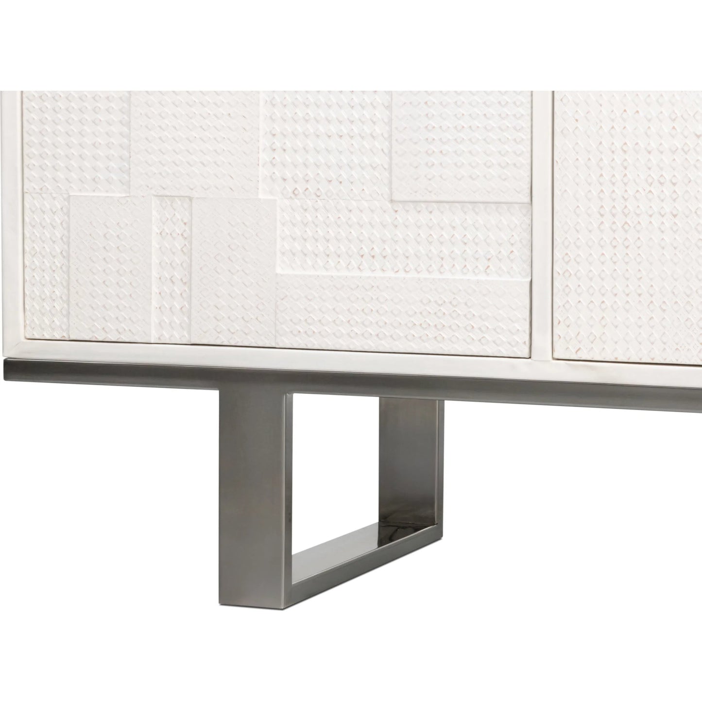 005 SI-2447883 | Additional Silo | Bronzini Credenza by Sarreid Ltd. in white. Made from leather covered mdf, iron base, embossed white leather in a unique style.