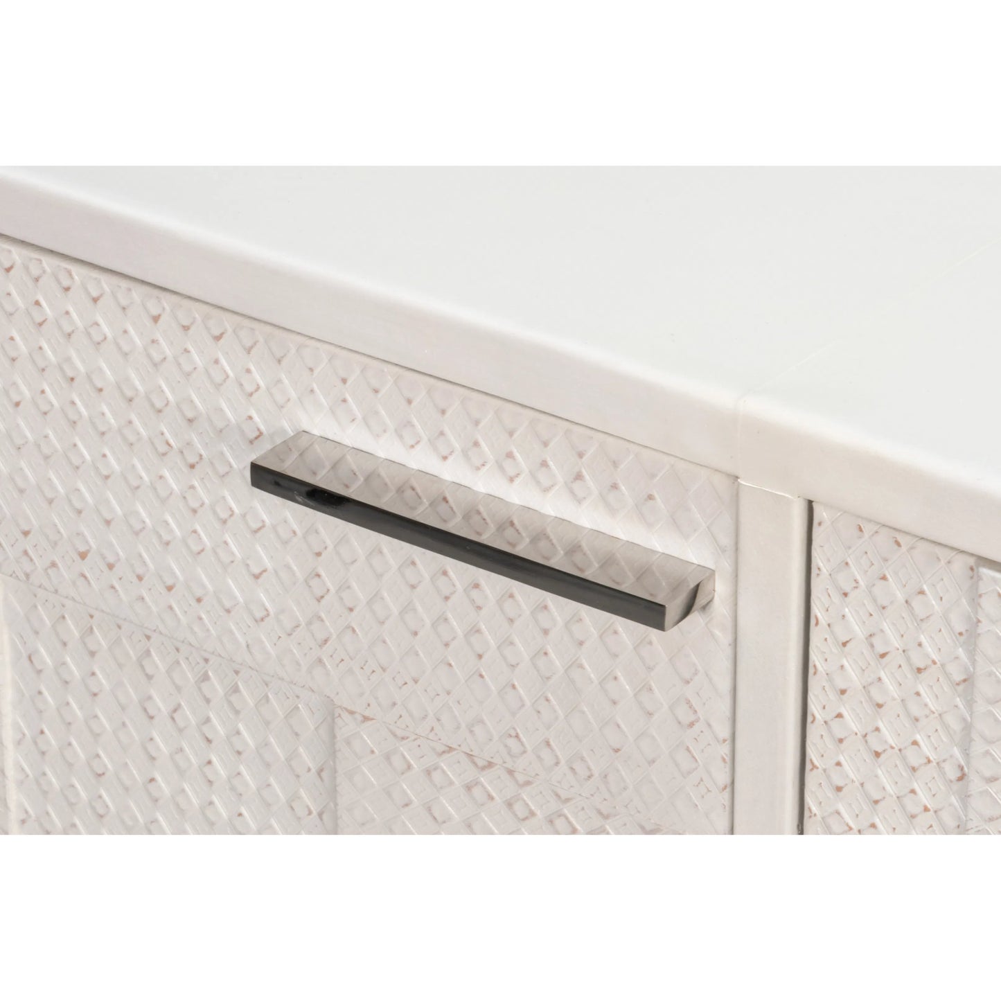 009 SI-2447883 | Additional Silo | Bronzini Credenza by Sarreid Ltd. in white. Made from leather covered mdf, iron base, embossed white leather in a unique style.