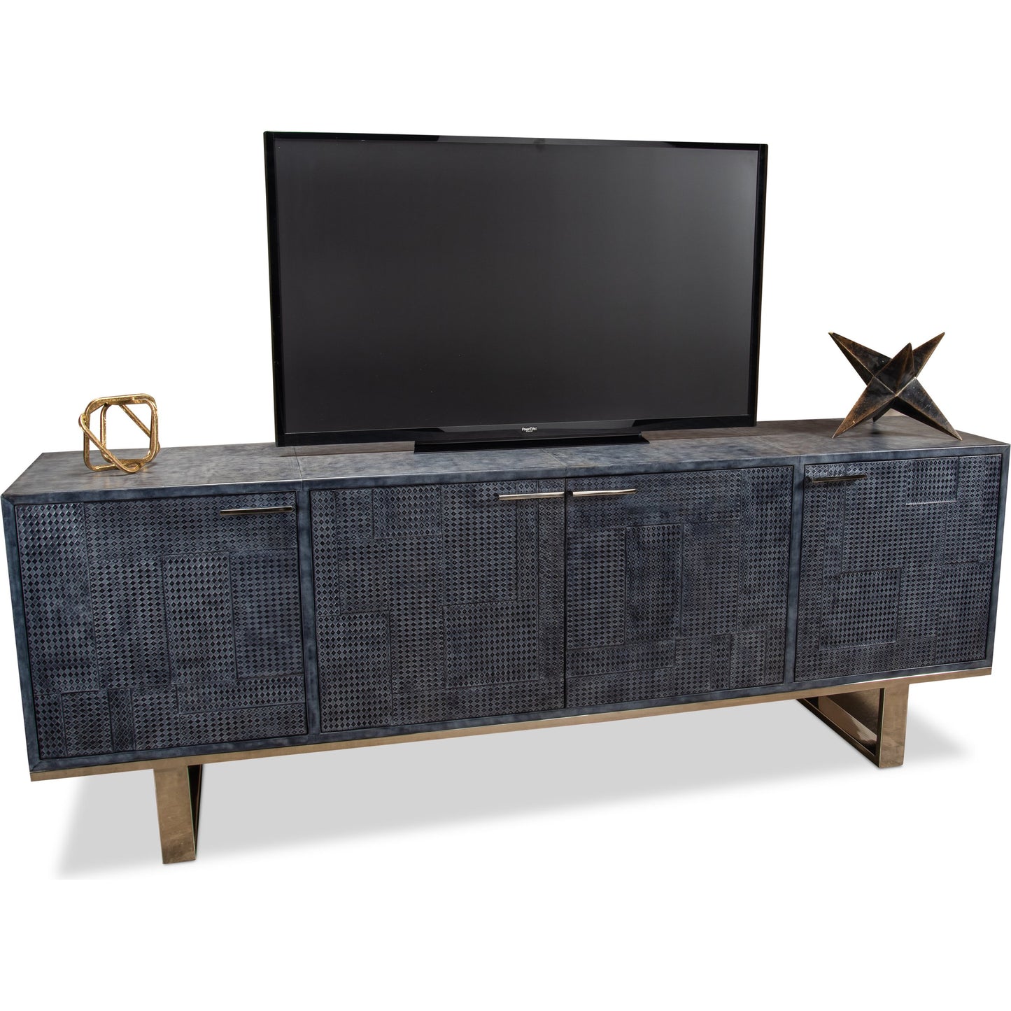004 SR-857503 | Additional Silo | Bronzini Credenza by Sarreid Ltd. in gray and embossed grey/blue leather. Made from mdf, leather, iron in a modern style.