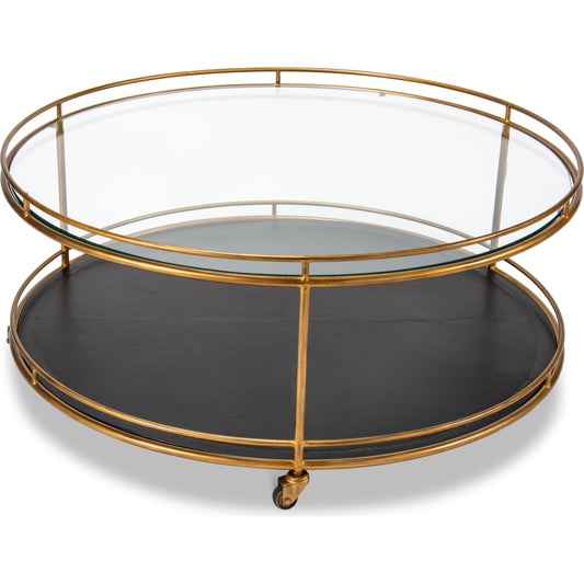 Trolley Cocktail Table by Sarreid Ltd. in gold and top shelf glass lower shelf leathr. Made from glass, metal in a transitional style.