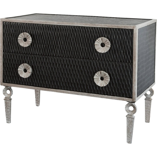 006 SR-700754 | Primary Silo | Artisan Chest by Global Views in black distress lacquer, nickel, antique lacquer. Made from acacia, mdf, iron in a transitional style.