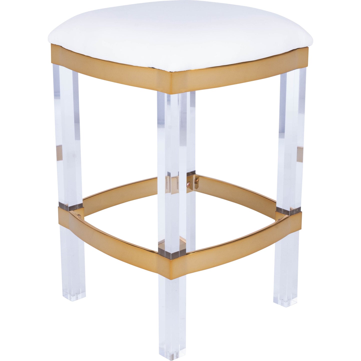 001 SR-770469 | Additional Silo | Jordan Counter Stool by Butler Specialty Company in white and polished gold. Made from stainless steel, high polished gold finish, acrylic, mdf, fabric, faux leather, polyvinyl, polyurethane foam core: seat height, 24" in