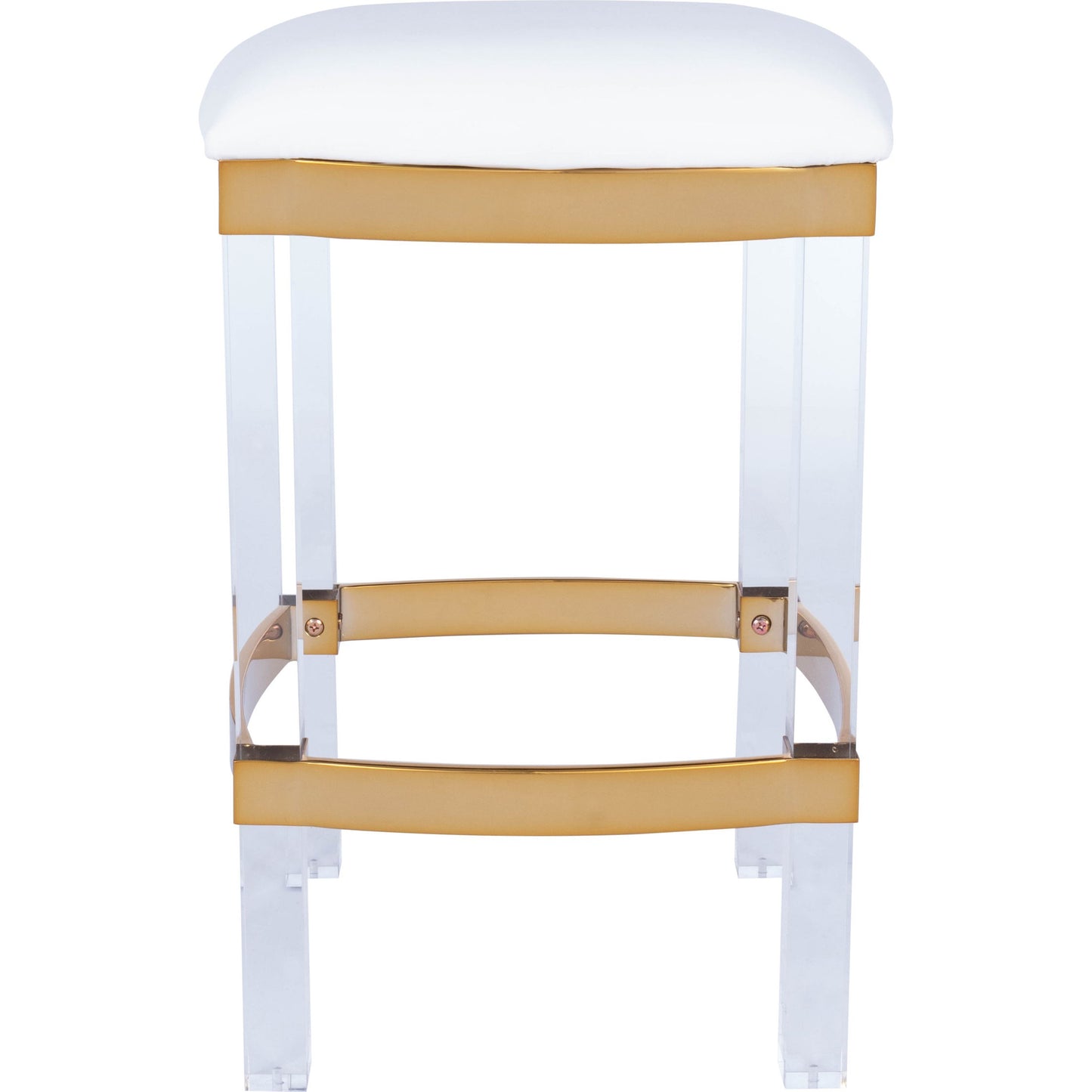 002 SR-770469 | Additional Silo | Jordan Counter Stool by Butler Specialty Company in white and polished gold. Made from stainless steel, high polished gold finish, acrylic, mdf, fabric, faux leather, polyvinyl, polyurethane foam core: seat height, 24" in