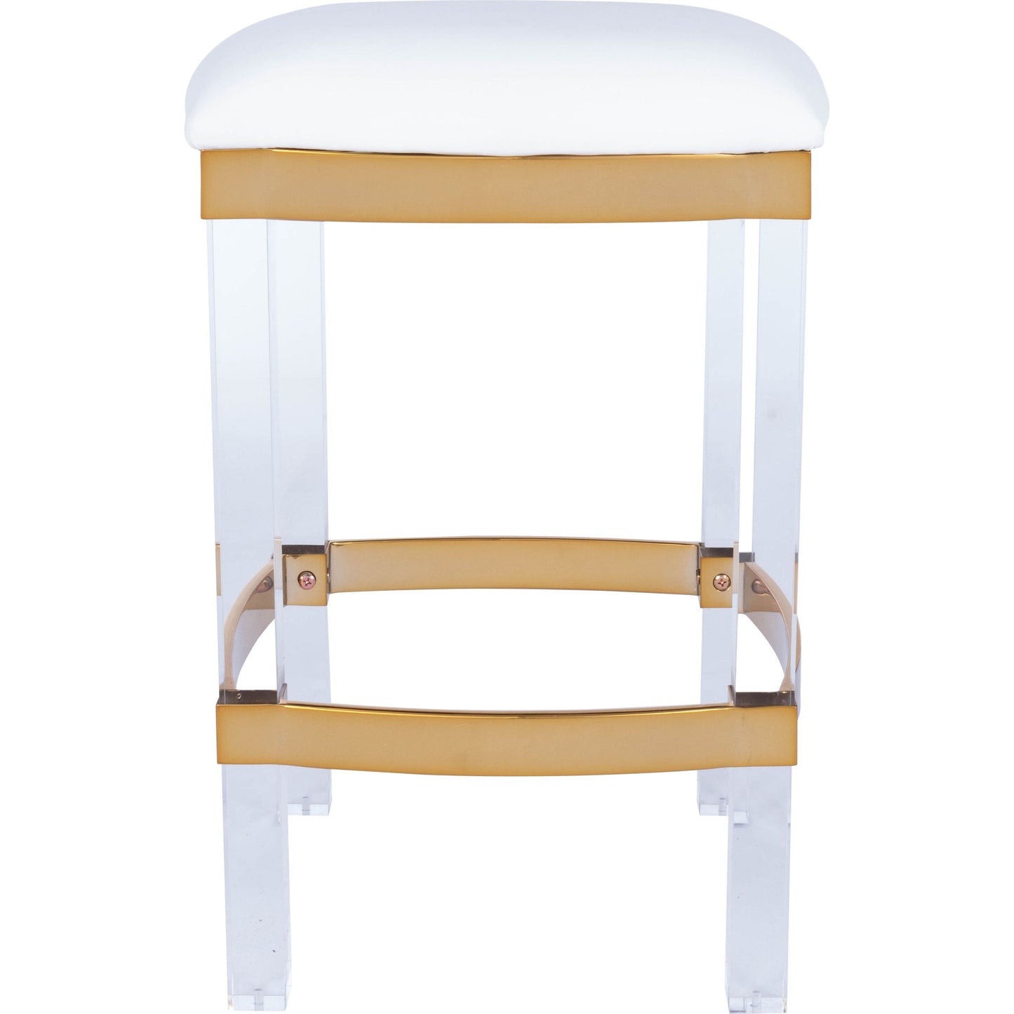 005 SR-770469 | Additional Silo | Jordan Counter Stool by Butler Specialty Company in white and polished gold. Made from stainless steel, high polished gold finish, acrylic, mdf, fabric, faux leather, polyvinyl, polyurethane foam core: seat height, 24" in
