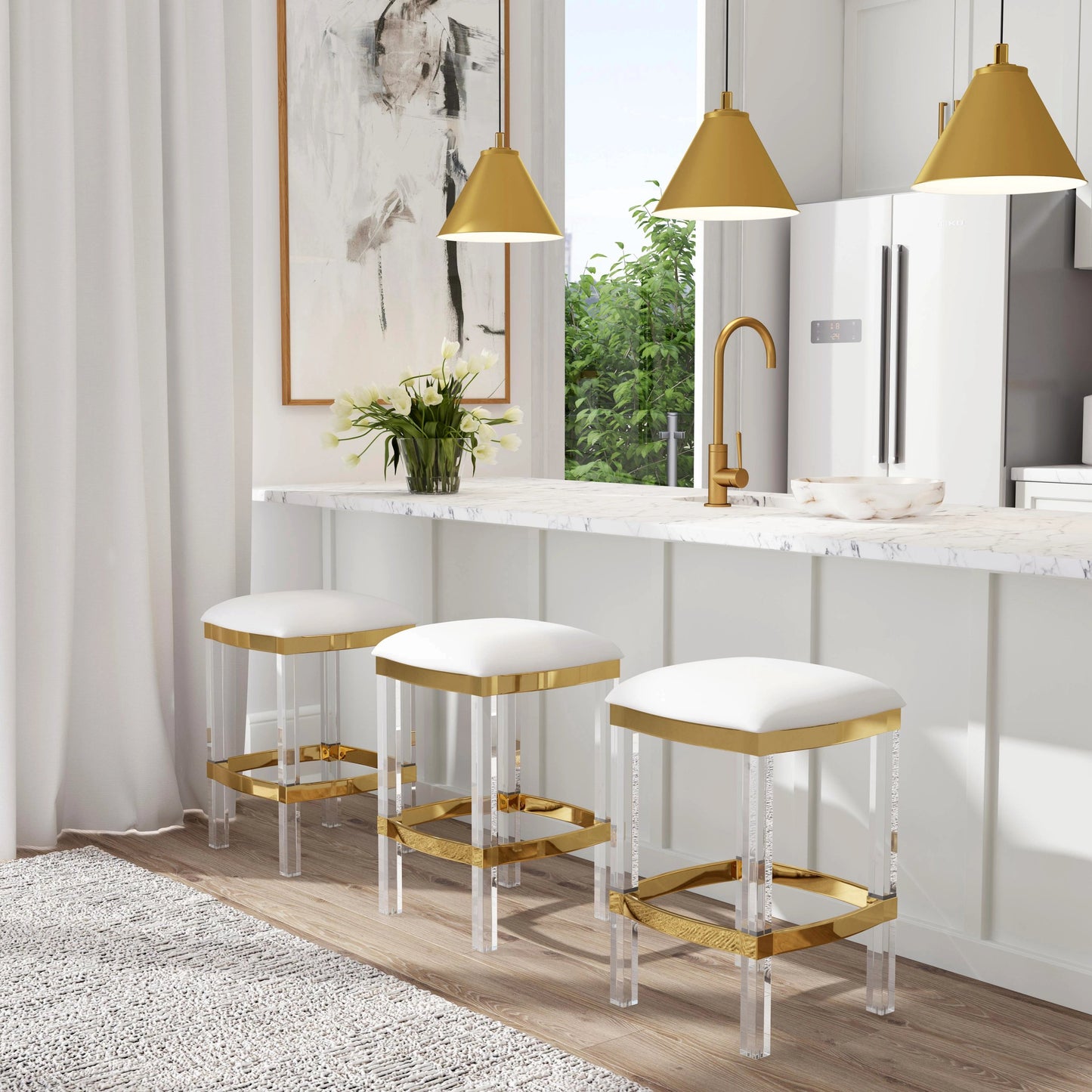 008 SR-770469 | Lifestyle | Jordan Counter Stool by Butler Specialty Company in white and polished gold. Made from stainless steel, high polished gold finish, acrylic, mdf, fabric, faux leather, polyvinyl, polyurethane foam core: seat height, 24" in a tran
