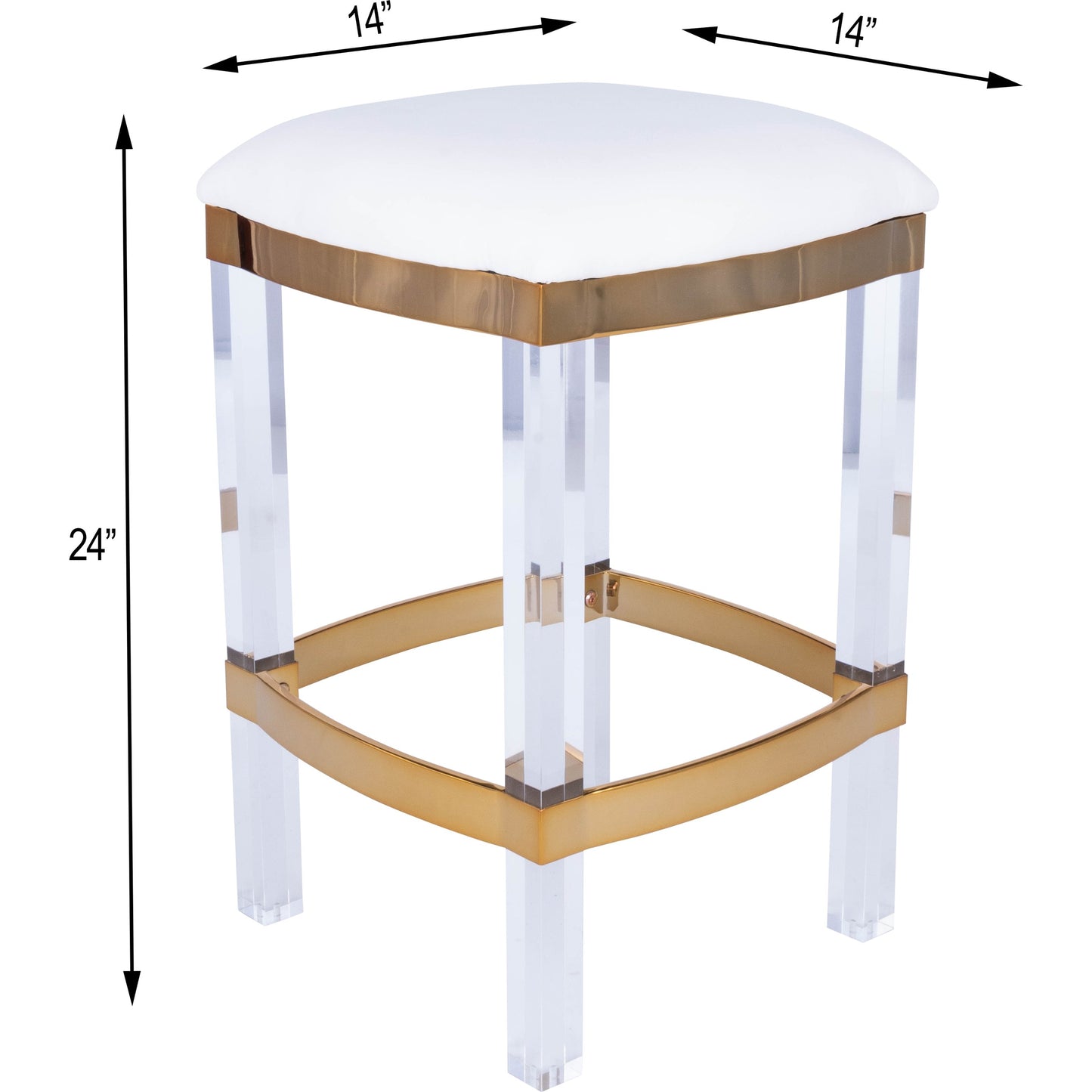 006 SR-770469 | Additional Silo | Jordan Counter Stool by Butler Specialty Company in white and polished gold. Made from stainless steel, high polished gold finish, acrylic, mdf, fabric, faux leather, polyvinyl, polyurethane foam core: seat height, 24" in