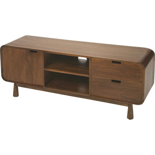 Drayton Modern Wood Entertainment Console by Butler Specialty Company in medium brown and butler loft. Made from mango wood solids, mdf in a modern style.