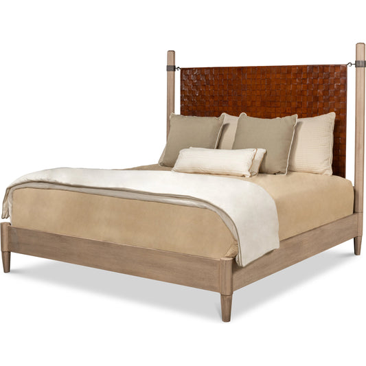 001 SI-1998220 | Primary Silo | Vineyards King Bed by Sarreid Ltd. in hand woven leather, flaky pine. Made from pine veneer, hand forged iron, top grain leather in a modern style.