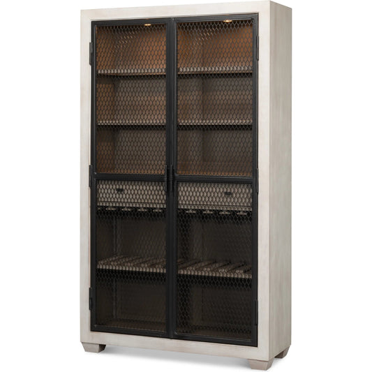 Vineyards Bar Cabinet by Sarreid Ltd. in bungalow white, pale grey, gunmetal. Made from beechwood, iron in a modern style.